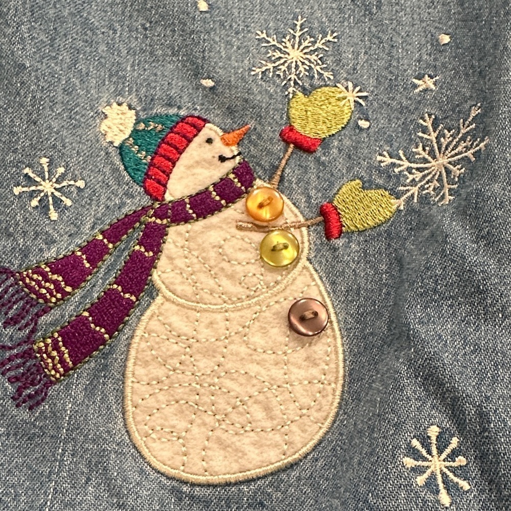 CJ Banks Blue Button Down Shirt with Snowman Embroidery - Picture 10 of 10